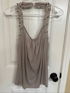 Lumiere Taupe Beaded Pearl-Trim Tank